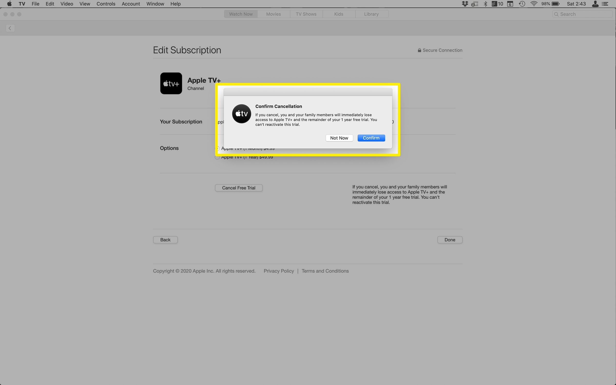 Screenshot van het opzeggen van een abonnement in Apple ID
