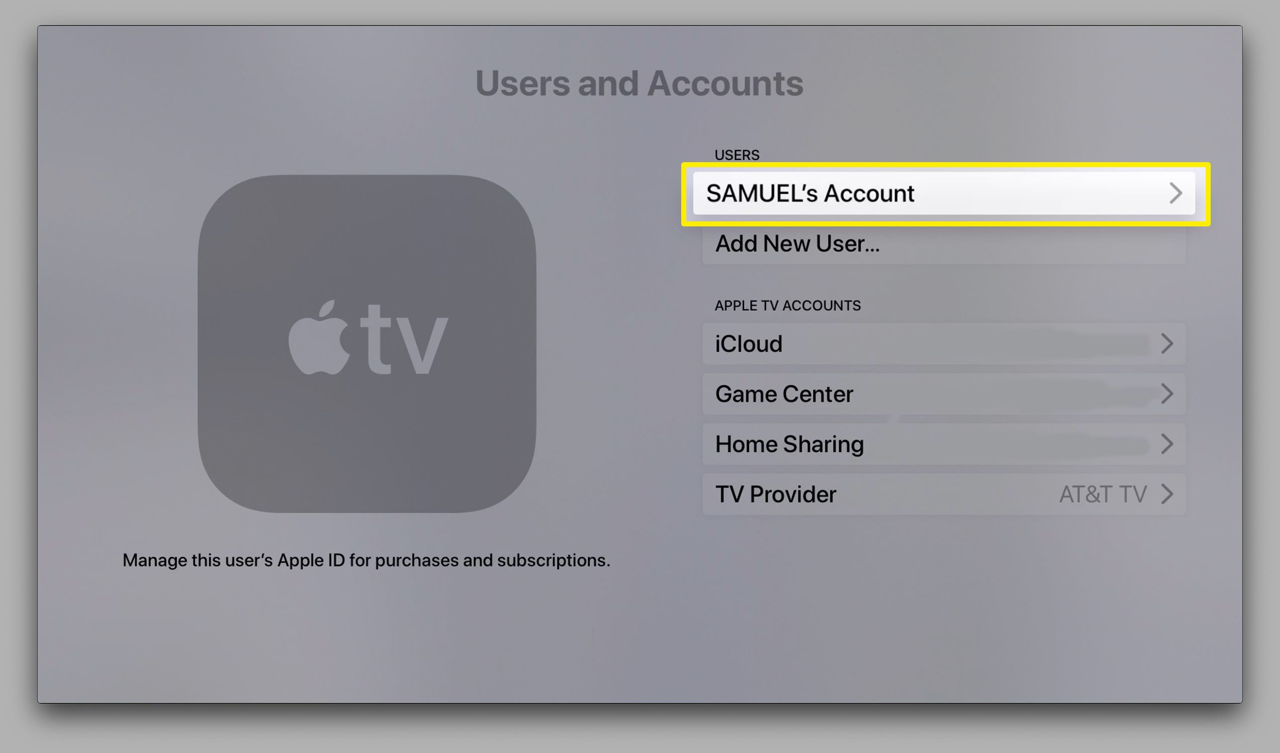 Screenshot van Apple TV Accounts-scherm
