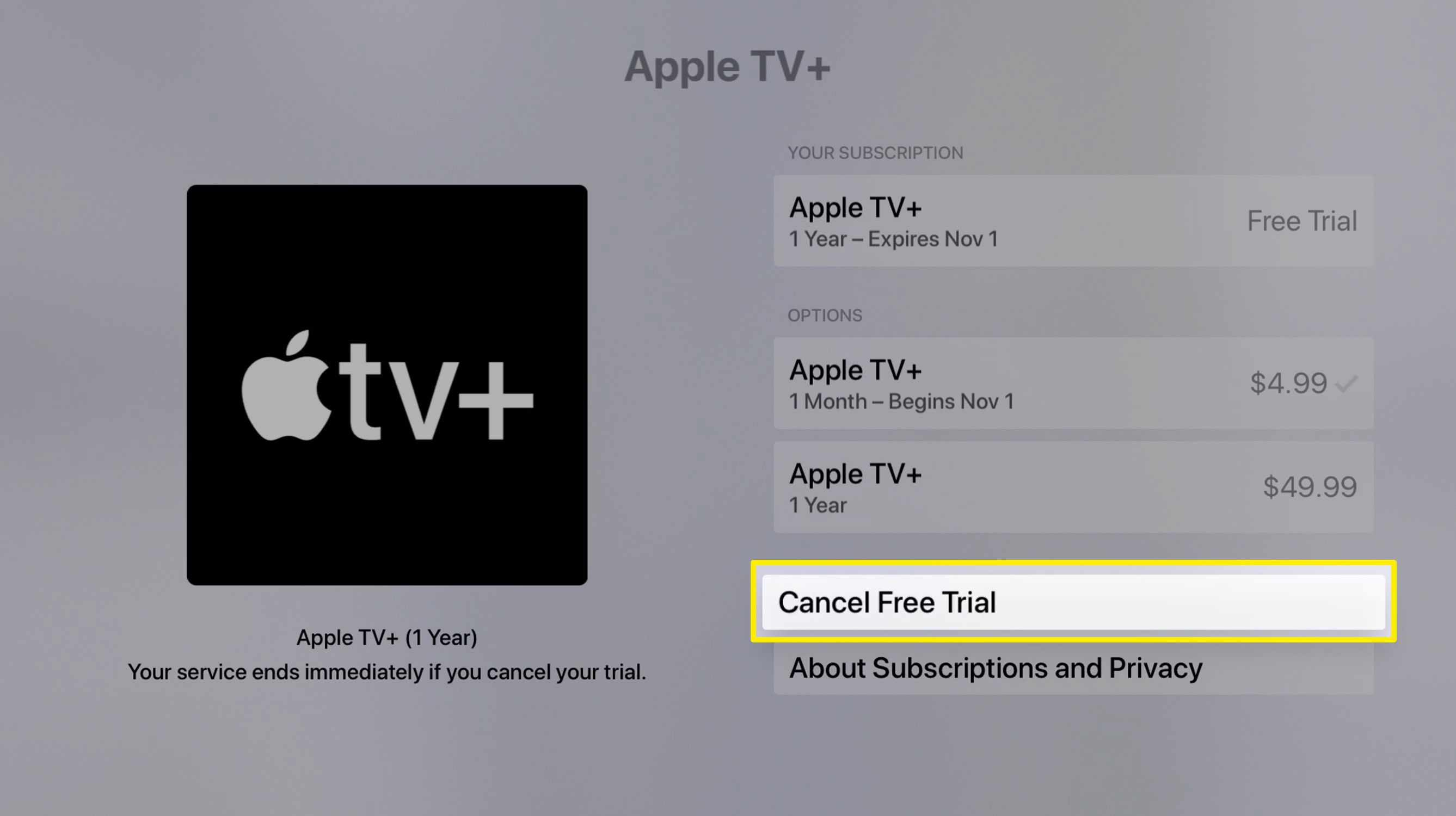 Screenshot van het opzeggen van een Apple TV-abonnement