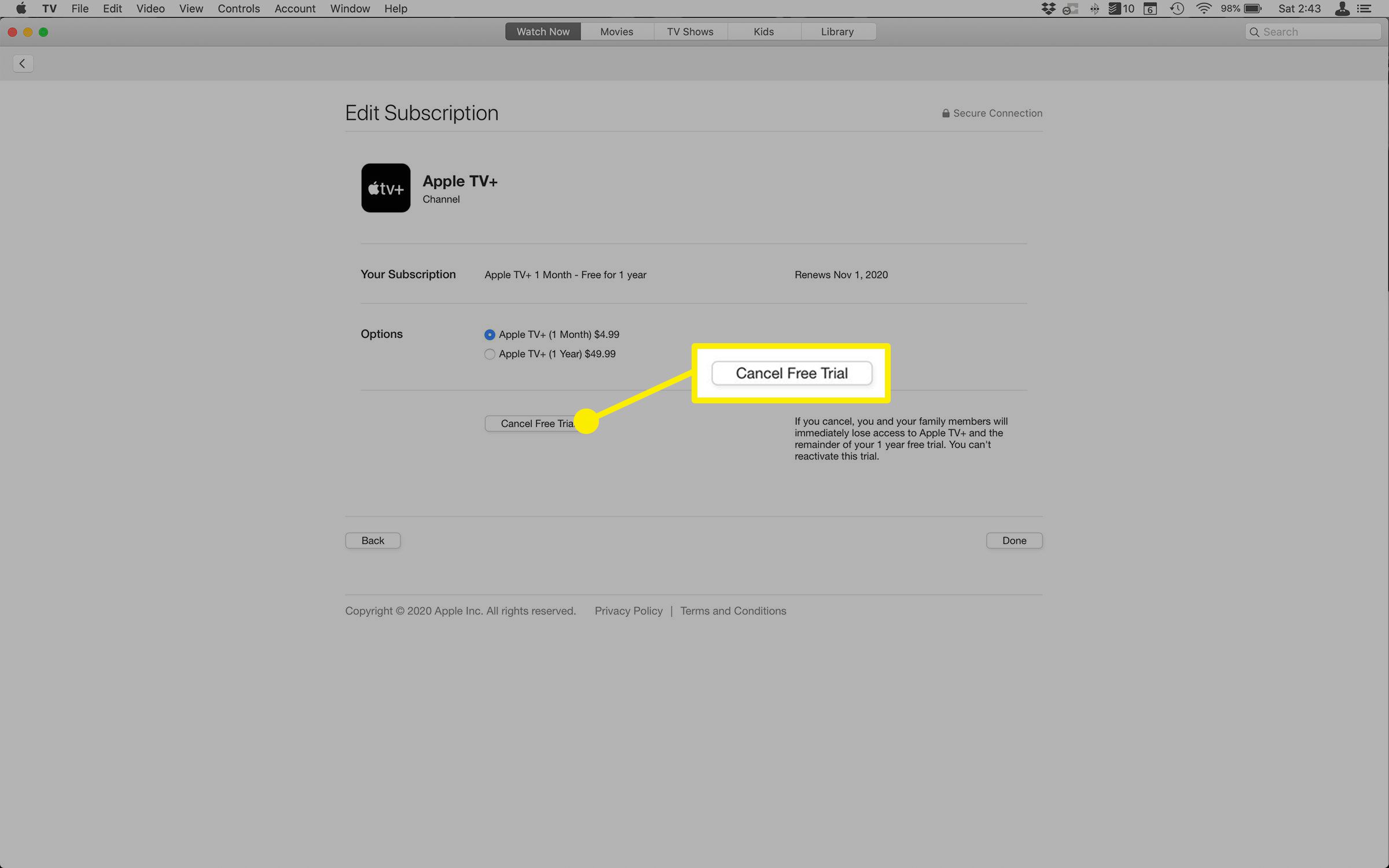 Screenshot van individueel abonnement binnen een Apple ID