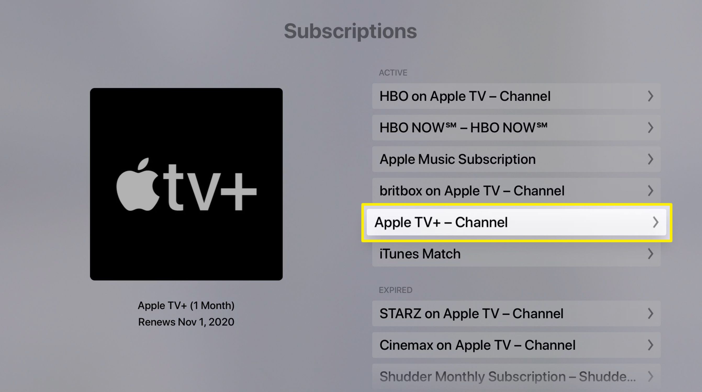 Screenshot van Apple TV-abonnementenlijst