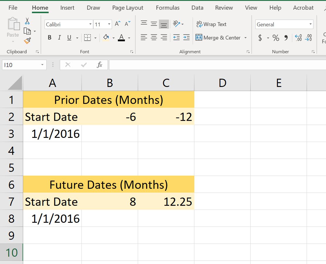 Een screenshot van een Excel-spreadsheet met enkele EOMONTH-functievoorbeelden.