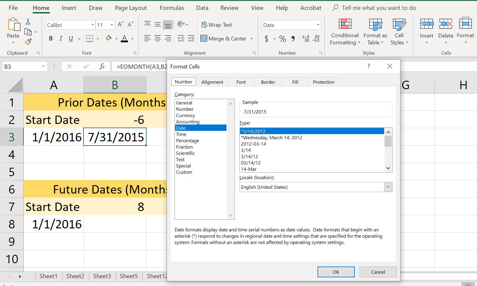 Een schermafbeelding van het Excel-dialoogvenster Cellen opmaken met de geselecteerde datumnotatie.