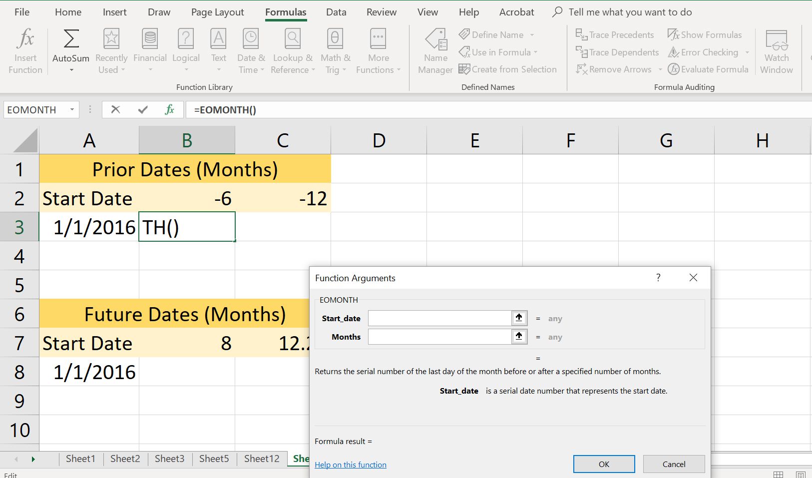 Een schermafbeelding van het EOMONTH-functiedialoogvenster van Excel.