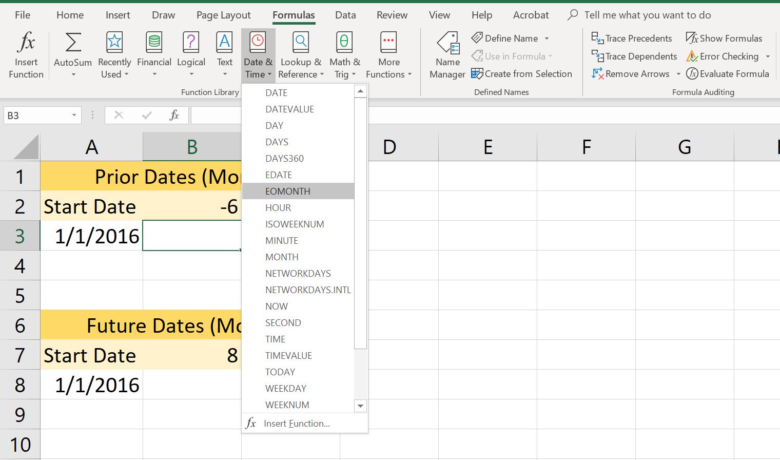 Een schermafbeelding van het vervolgkeuzemenu Datum en tijd van Excel met EOMONTH geselecteerd.