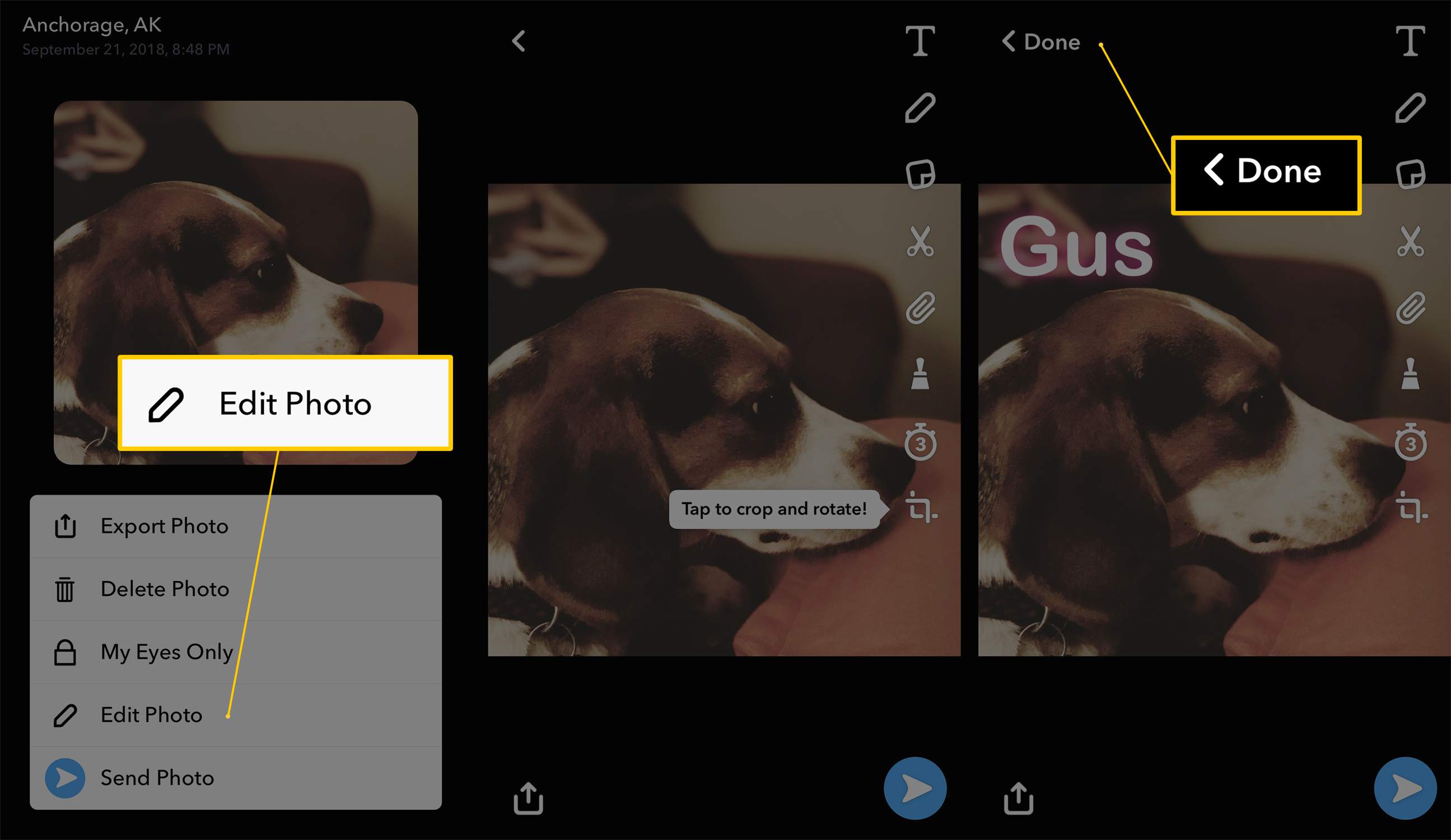 Drie iOS-schermen van Snapchat met de knoppen Foto bewerken, bewerken en Klaar