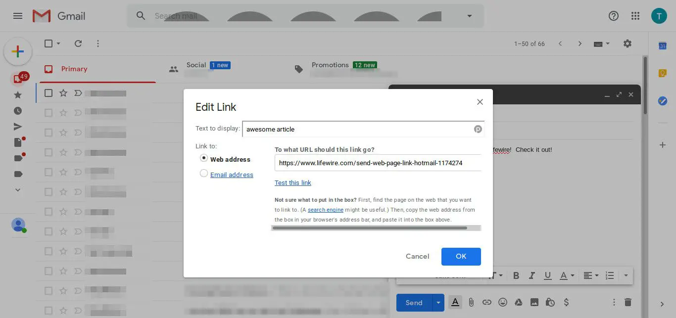 Gmail link-URL invoeren