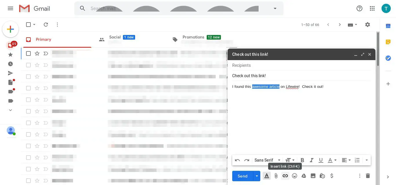 Gmail selecteer de optie om een ​​link in te voegen