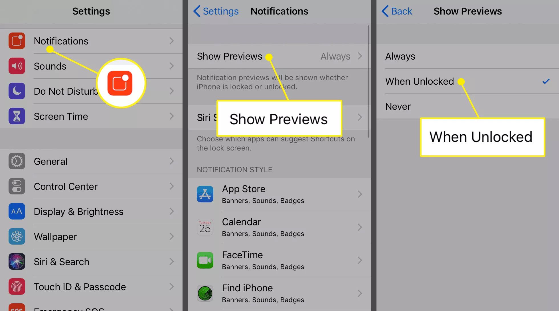 iOS-instellingen met opties voor Previews weergeven gemarkeerd