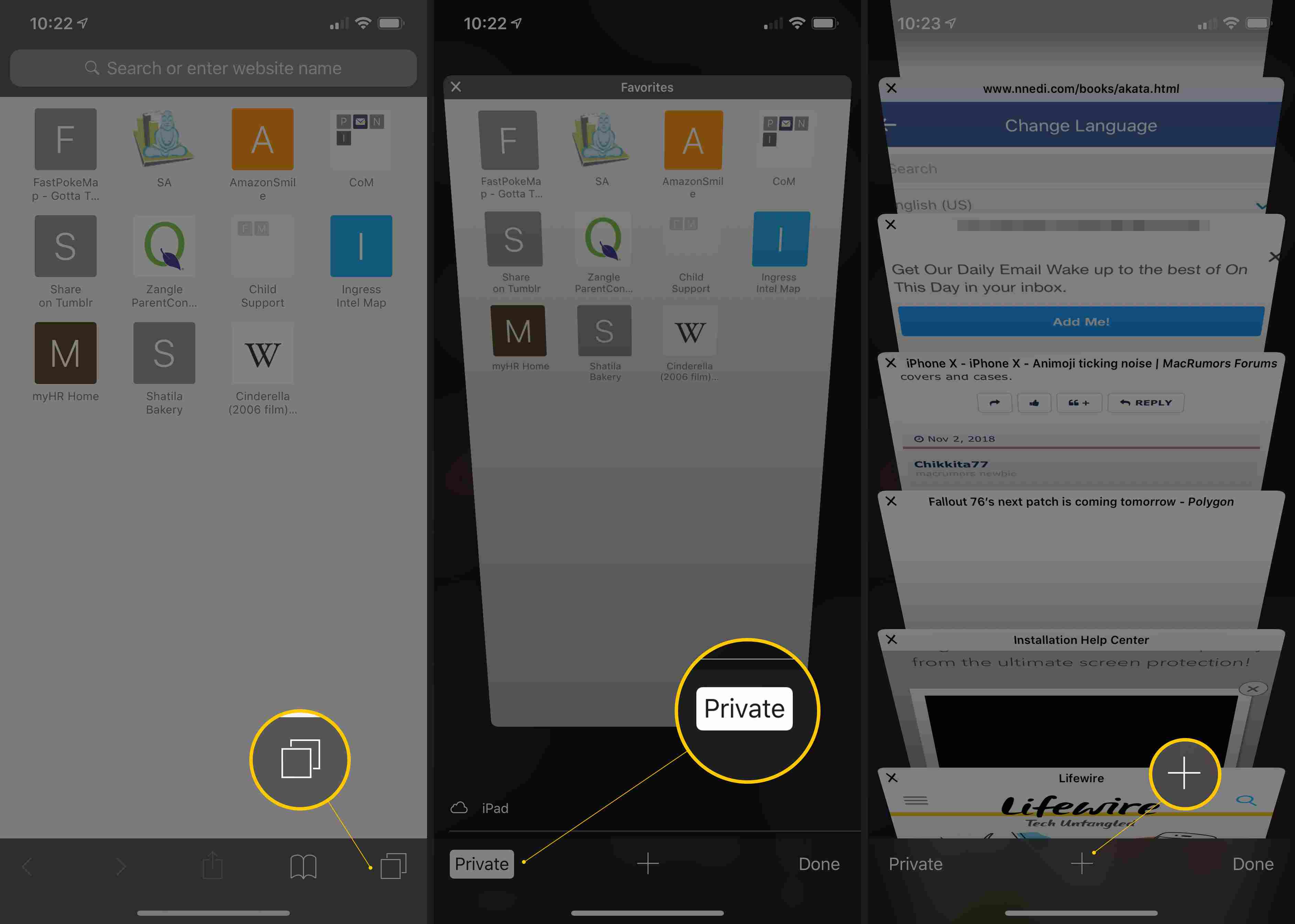 Drie iOS-schermen met een nieuw venster, privé browsen en Plus-knoppen om uit de modus Privénavigatie te stappen