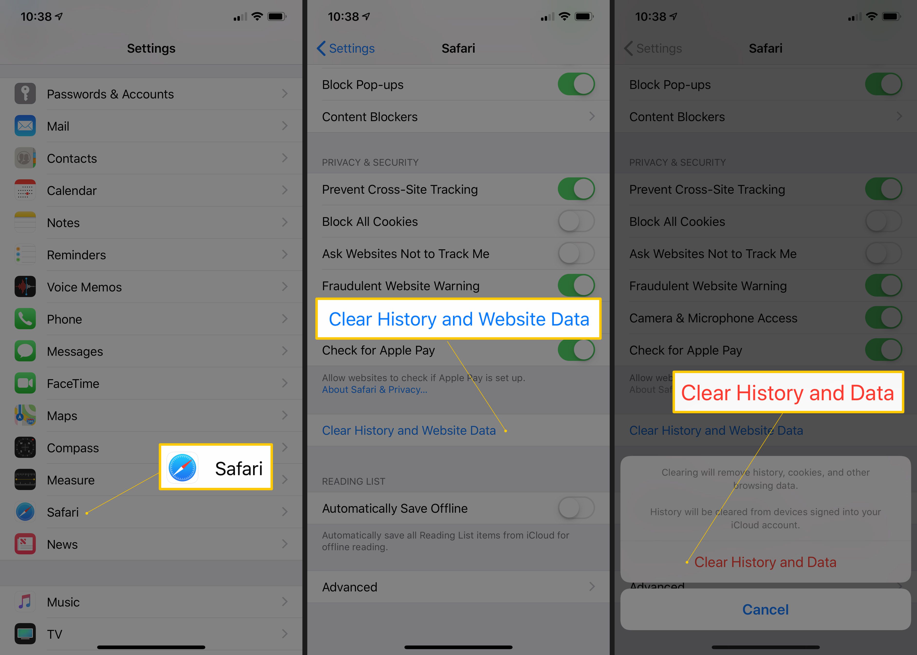 Drie iOS-schermen met Safari, Geschiedenis wissen en Websitegegevens en bevestigingsvenster in de app Instellingen