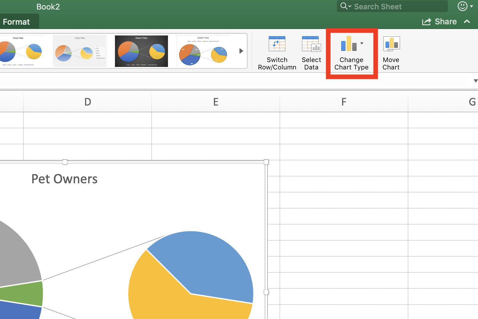 Schermafbeelding van Excel die laat zien hoe u het diagramtype kunt wijzigen