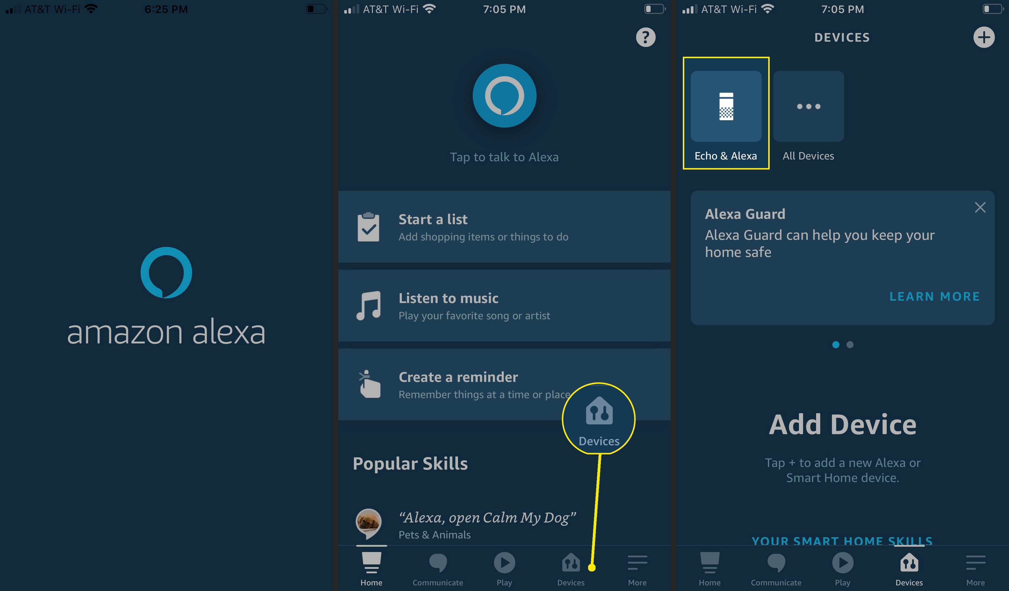 Alexa-app met apparaten en Echo en Alexa gemarkeerd
