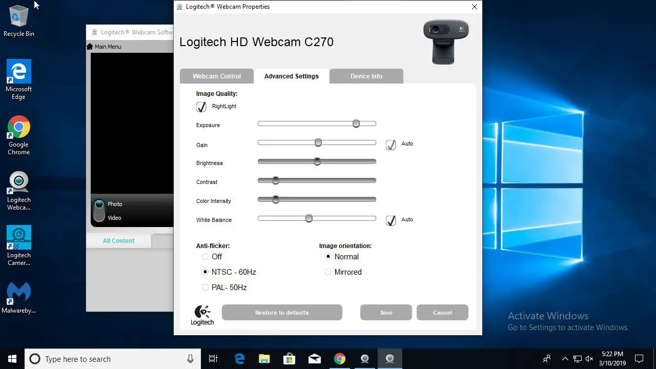 Venster Logitech HD Webcam Eigenschappen