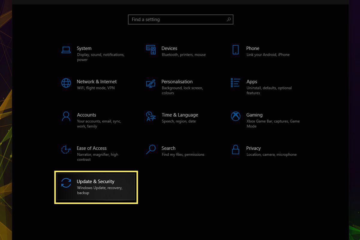 Het voorkeurenpaneel Update en beveiliging in Instellingen op Windows 10.