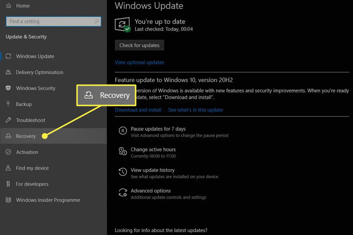 Het voorkeurenpaneel Herstel in Update en beveiliging op Windows 10.