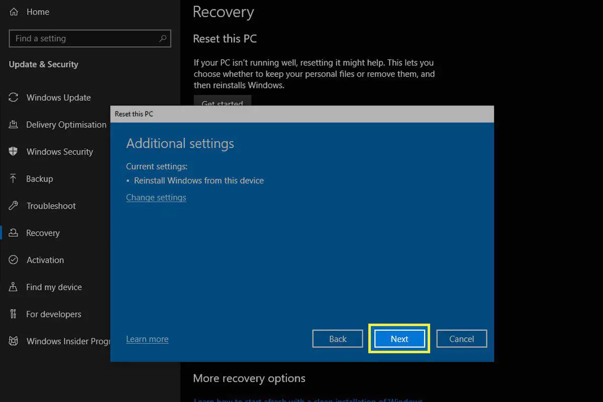Bevestiging van uw selectie voor het opnieuw instellen van Windows op Windows 10.