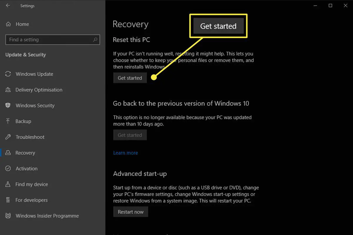 De knop Aan de slag in Recovery op Windows 10.