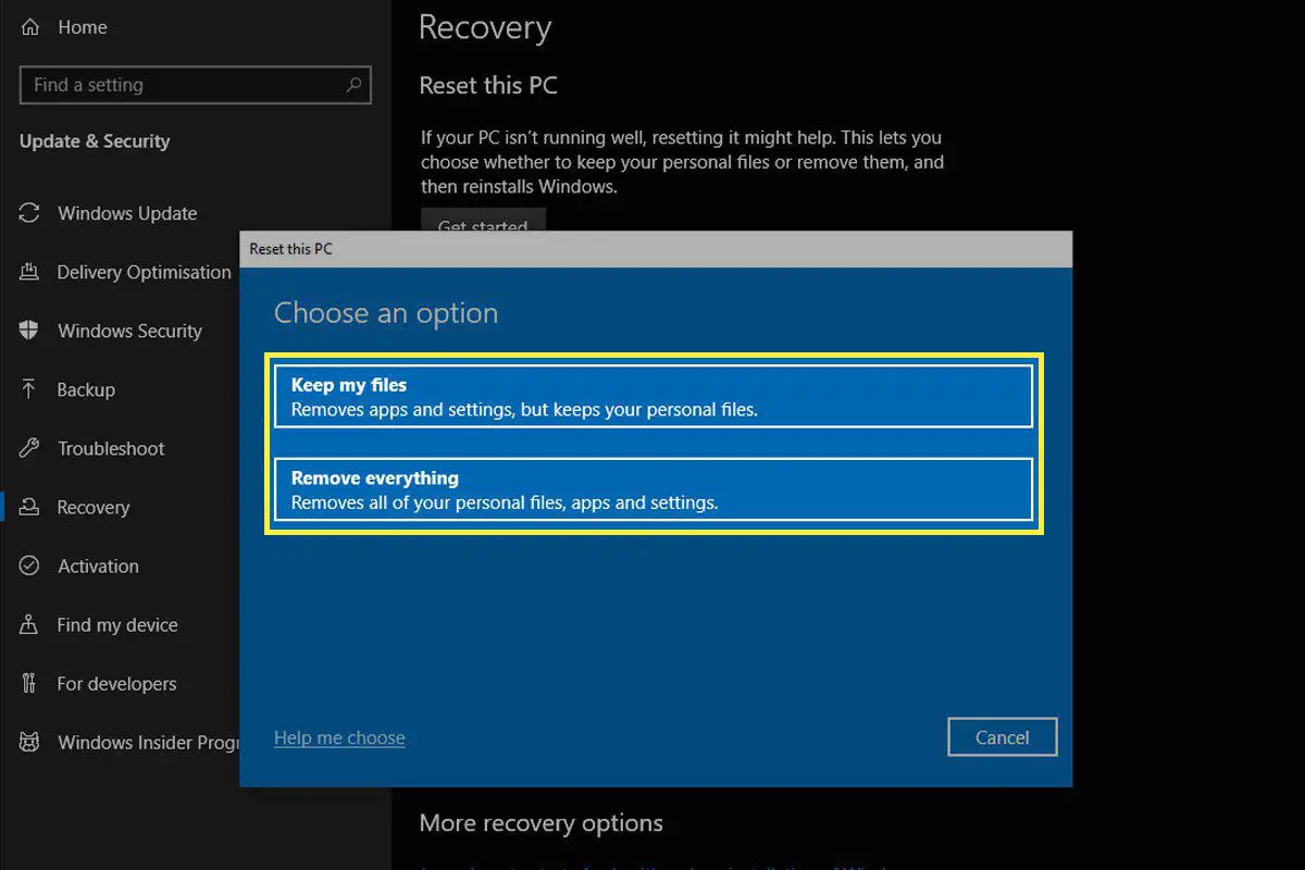 Opties voor het resetten van uw pc op Windows 10.