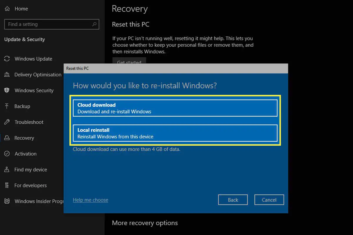 Opties voor het opnieuw installeren van Windows op Windows 10.