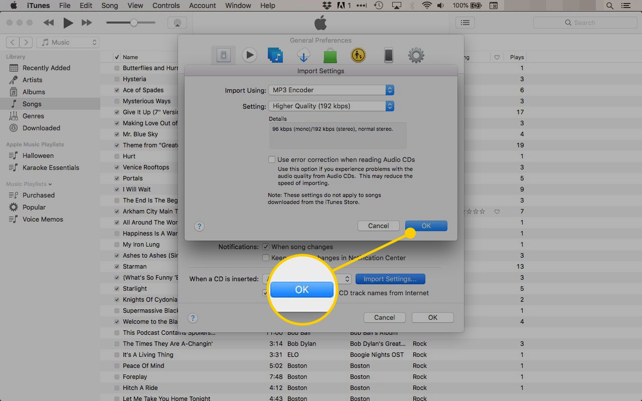 OK-knop in Instellingen importeren van iTunes