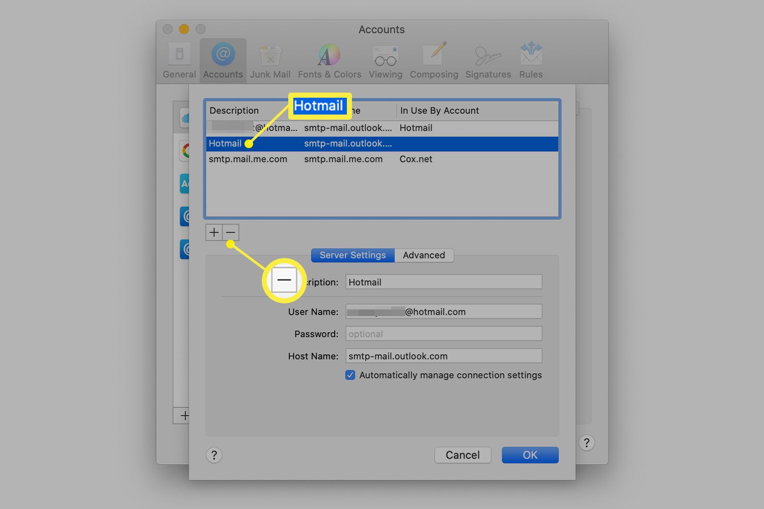 Accounts Server-opties voor uitgaande e-mail in Mac Mail