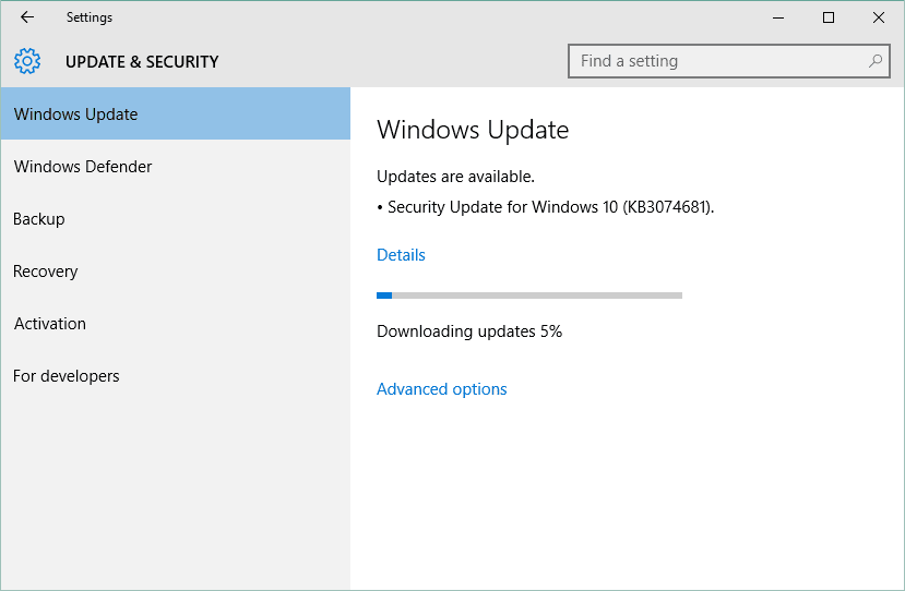 Screenshot van Windows Update die een beveiligingsupdate downloadt in Windows 10