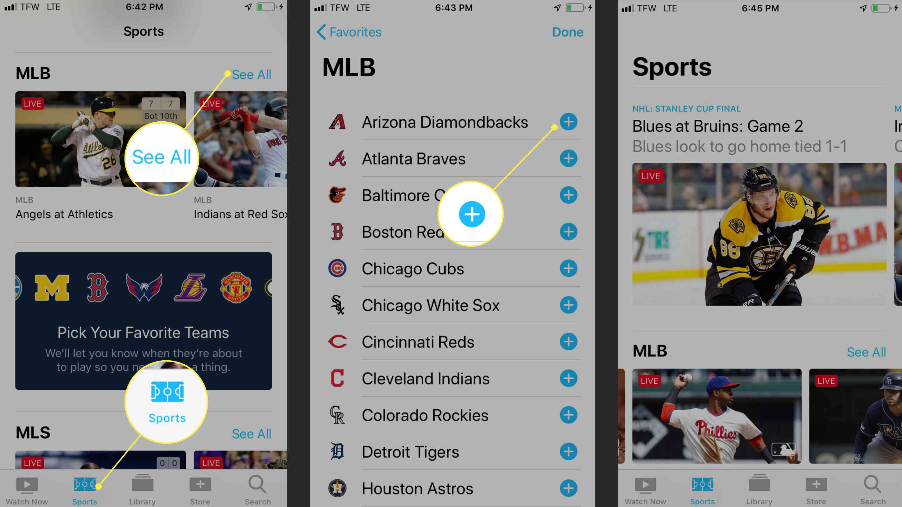 Het tabblad Sport in de TV-app