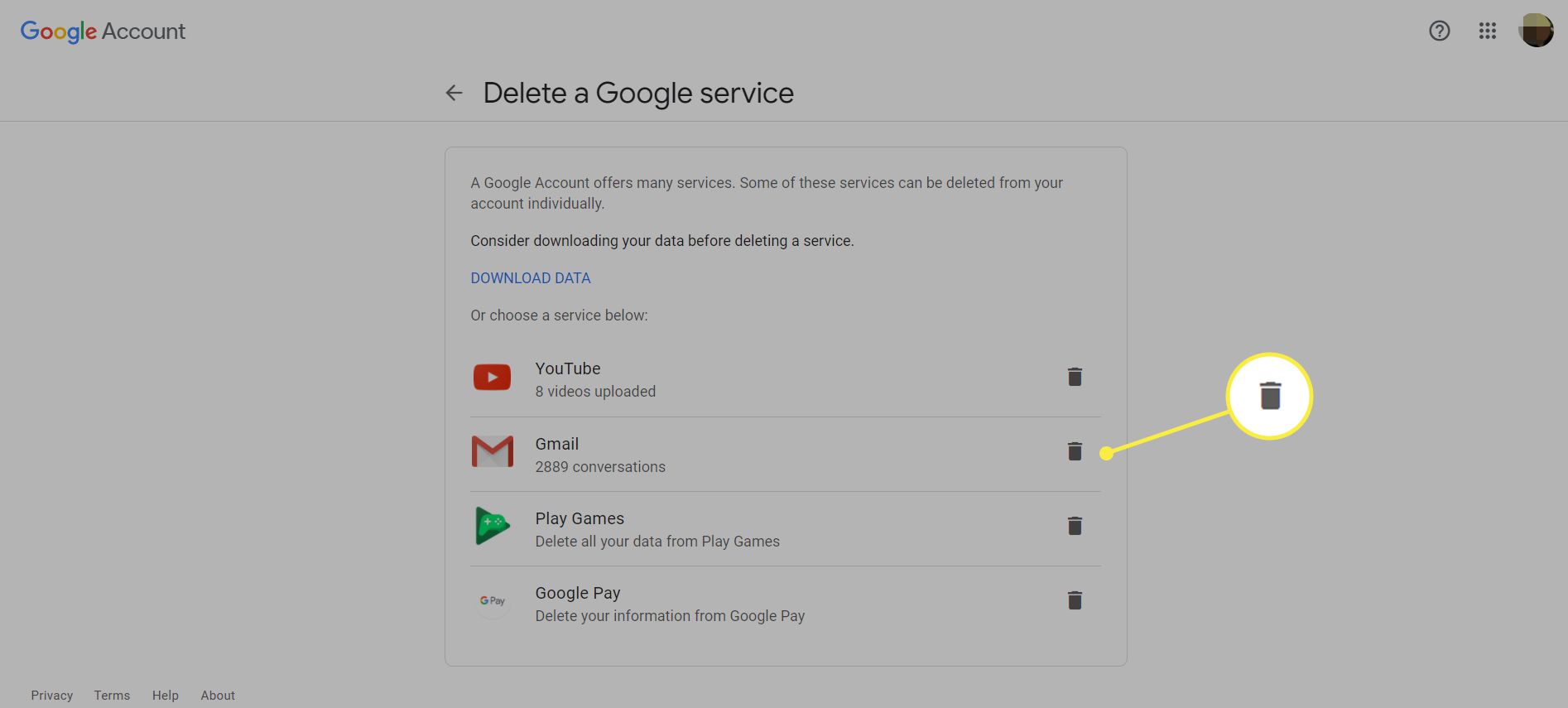 De pagina Een Google-service verwijderen met het prullenbakpictogram gemarkeerd naast Gmail