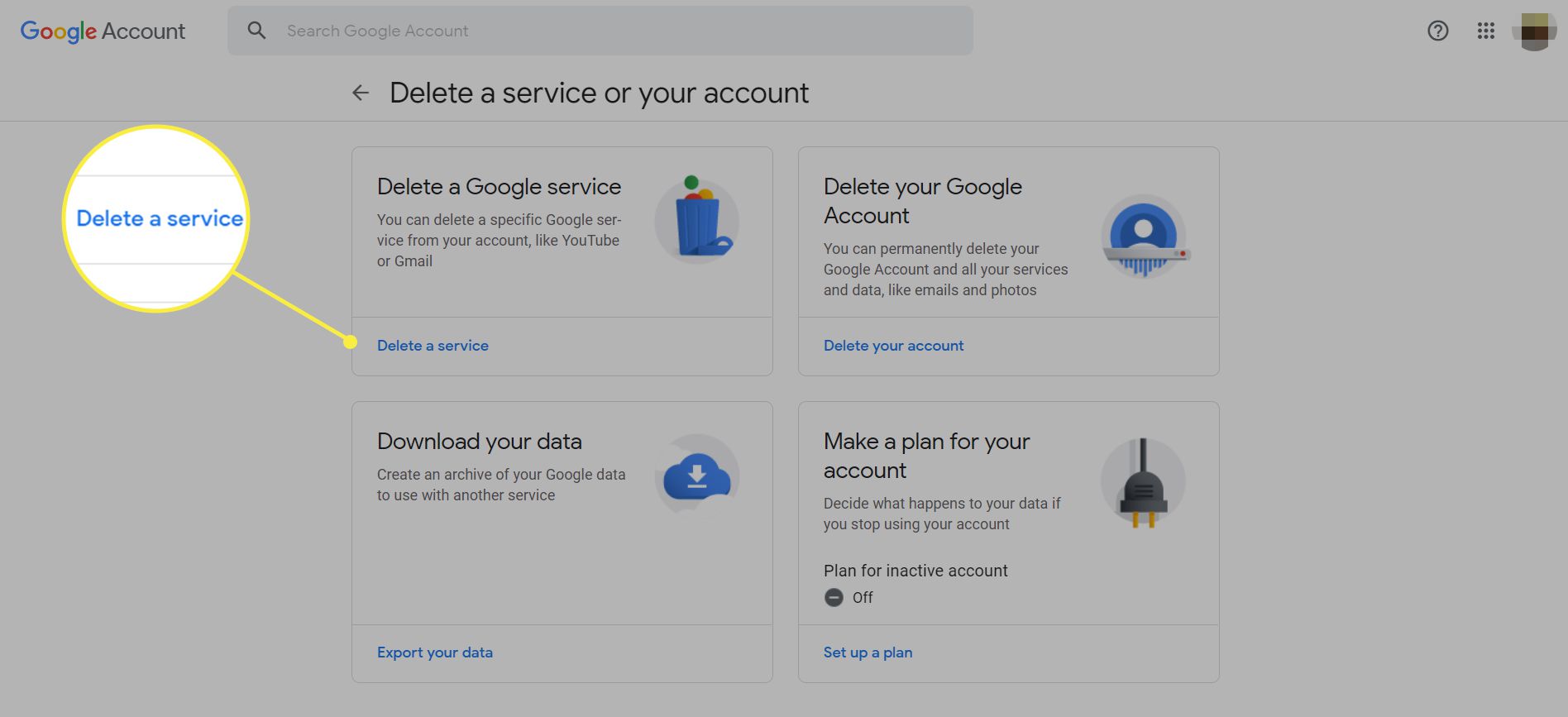De Google Een service verwijderen of uw accountpagina met 'Een service verwijderen' gemarkeerd