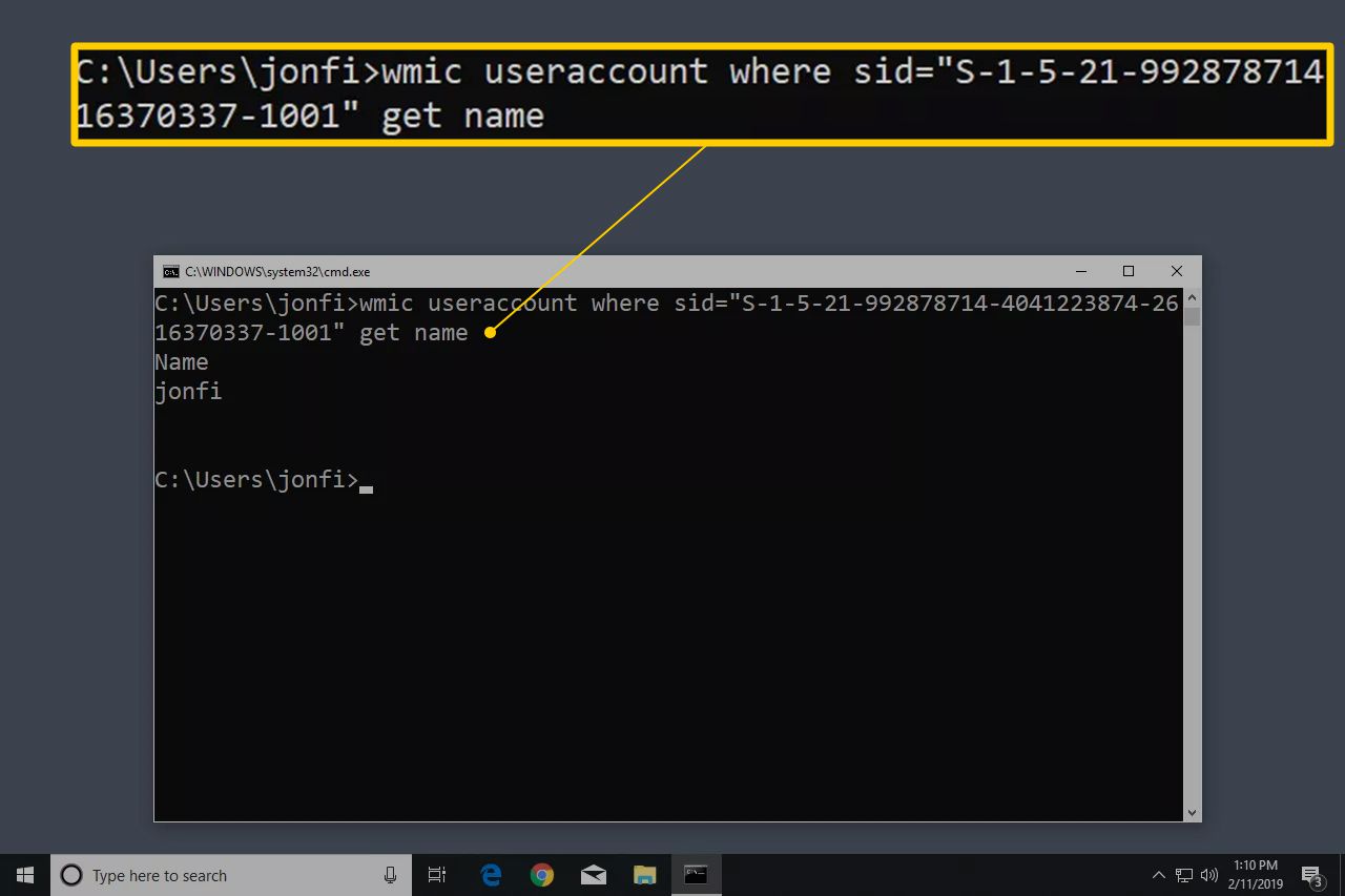wmic gebruikersaccount waar sid-opdracht in Windows 10