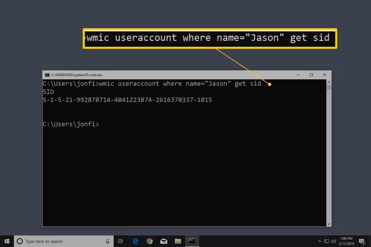wmic gebruikersaccount waar naamopdracht in Windows 10