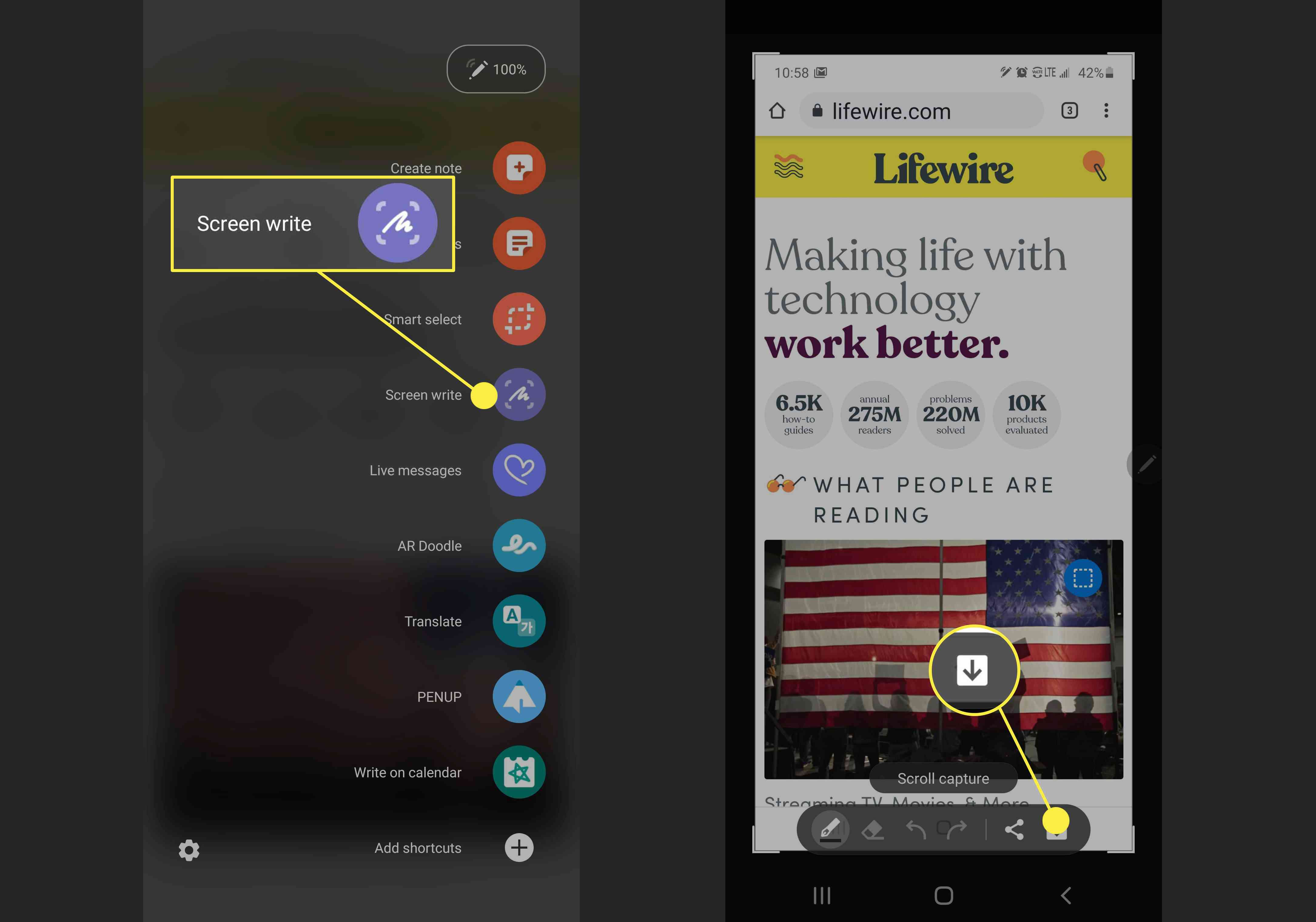 Screenshots die laten zien hoe je Screenwrite kunt gebruiken om een ​​screenshot te maken op Galaxy Note 10 en 10+