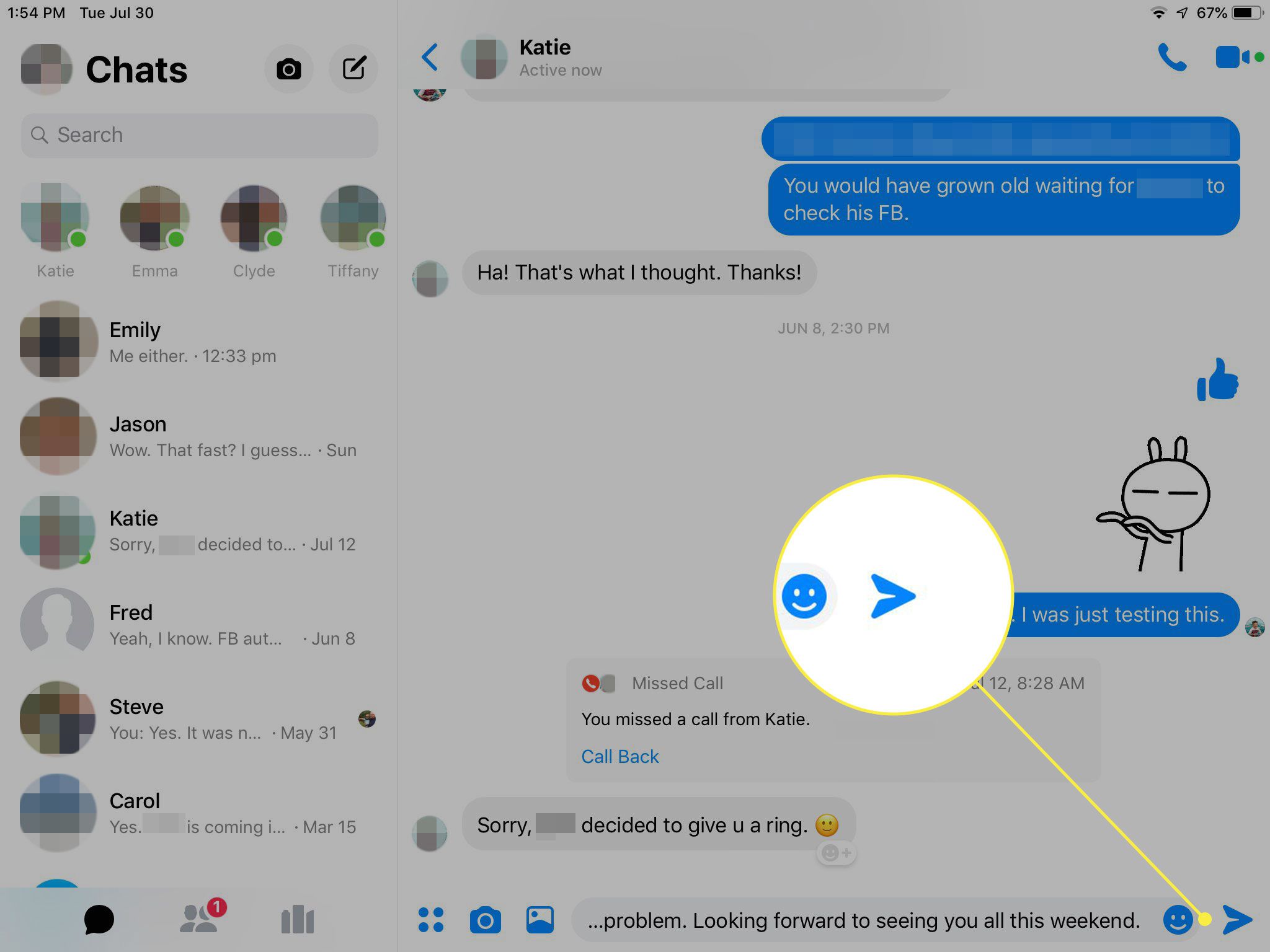 Een screenshot van Facebook Messenger op de iPad met de knop Verzenden gemarkeerd