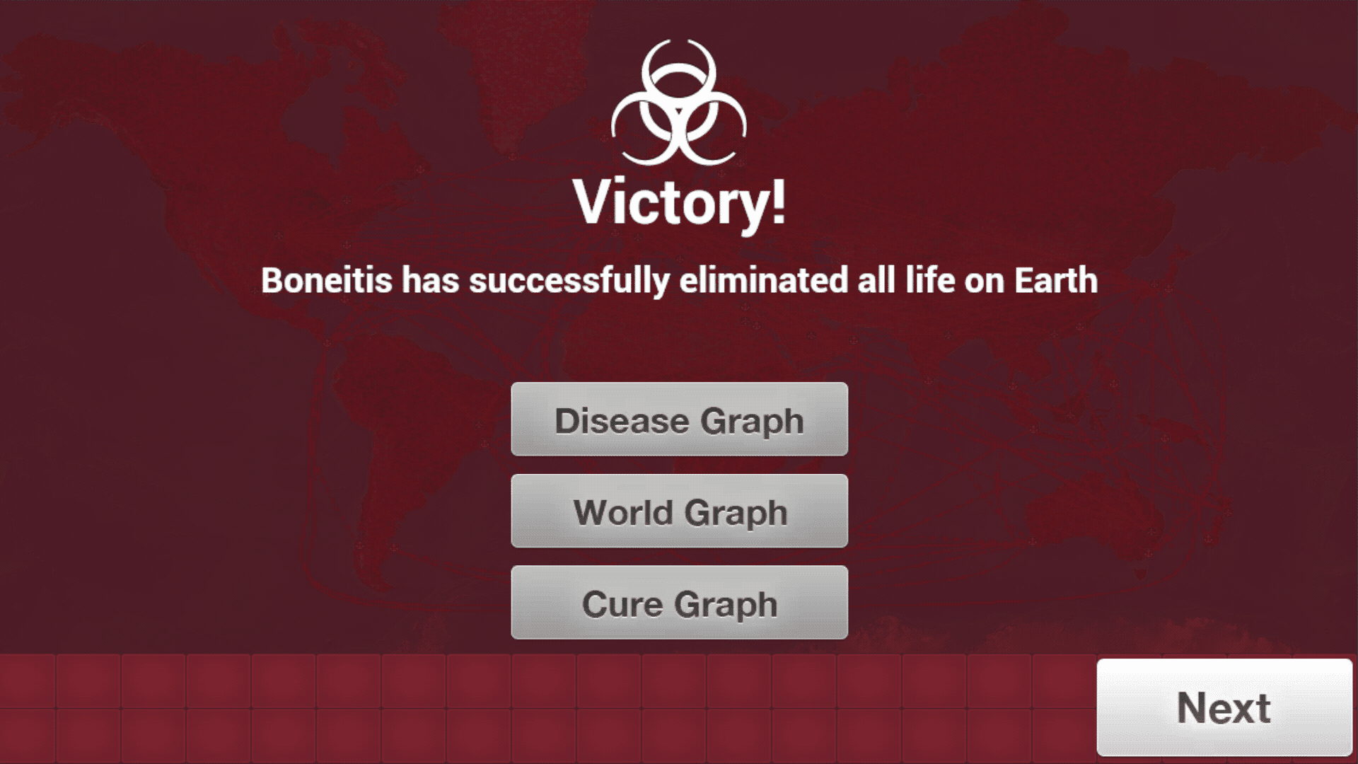 Screenshot van winnen bij Plague Inc.