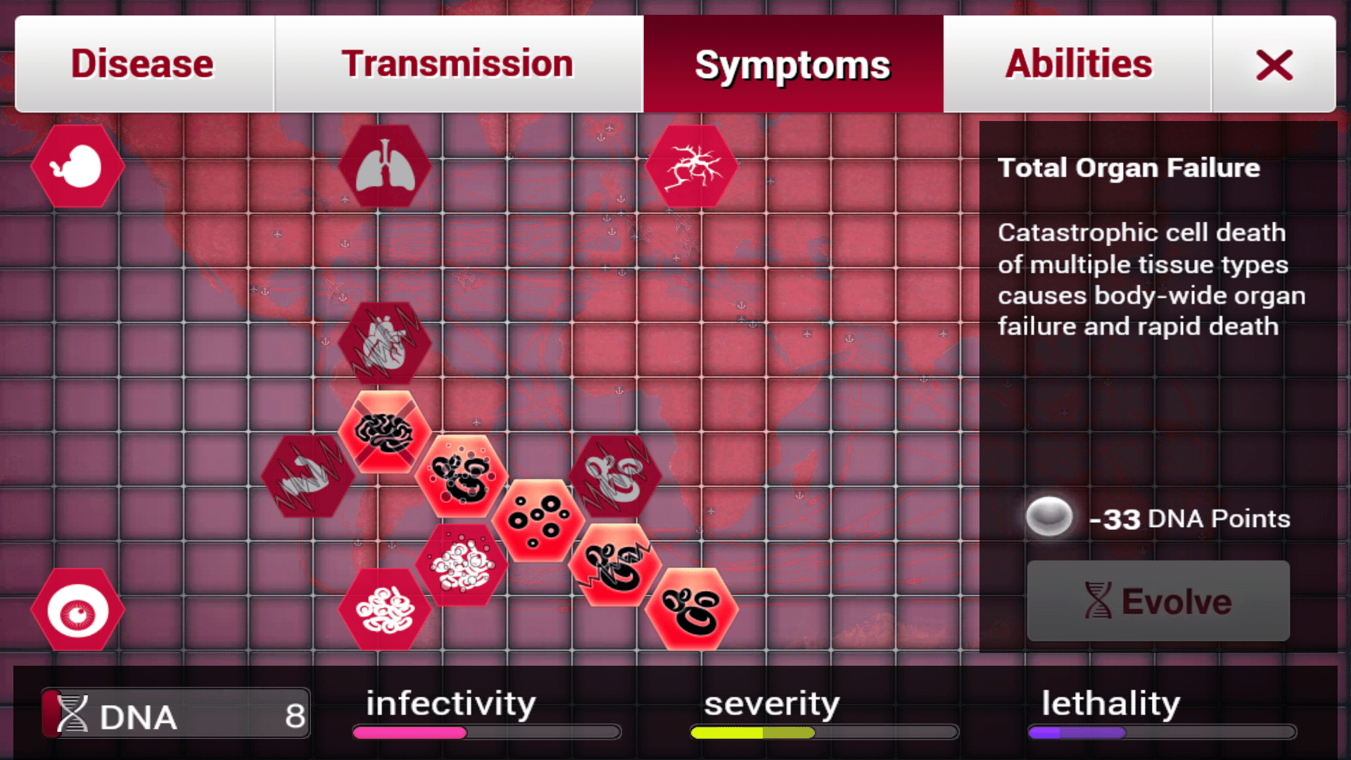Een Plague Inc-scherm waarmee u een symptoom kunt kiezen.