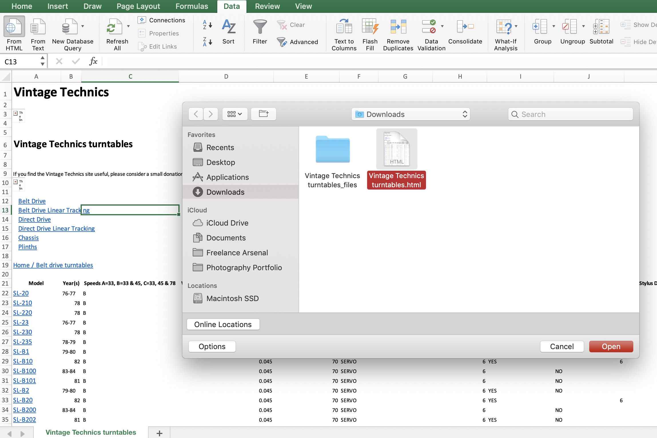 Schermafbeelding van Excel op Mac met de functie Van HTML-import