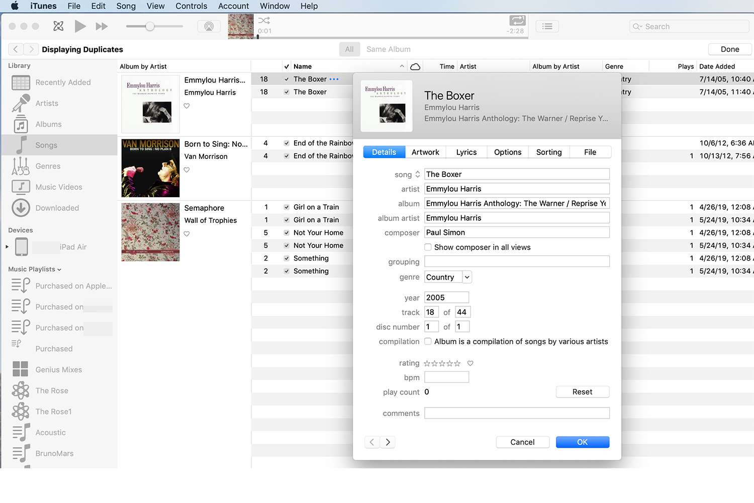 Weergave van nummerinfo in iTunes-duplicaten