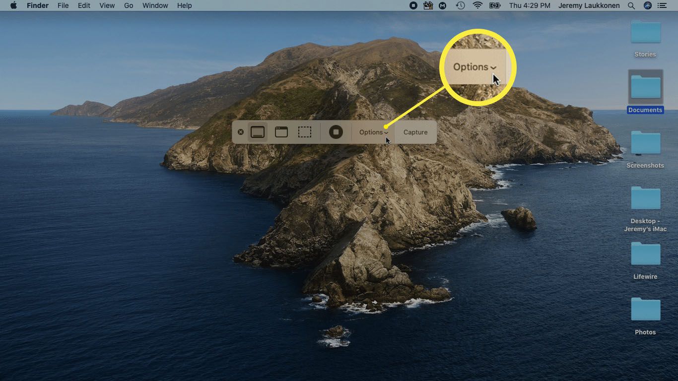 De knop Opties gemarkeerd in de screenshot-app van de Mac.