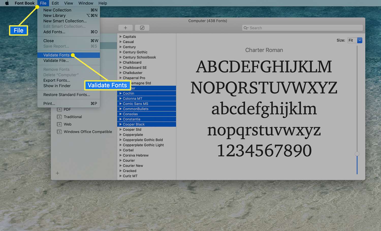 Menu Bestand in Lettertypeboek op een Mac met Lettertype valideren gemarkeerd