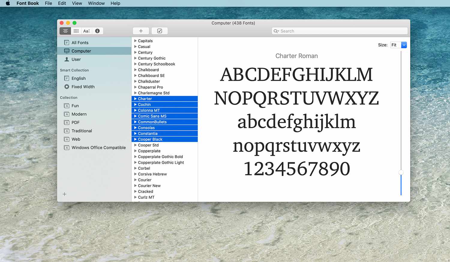 Selectie van lettertypen in Lettertypeboek op een Mac