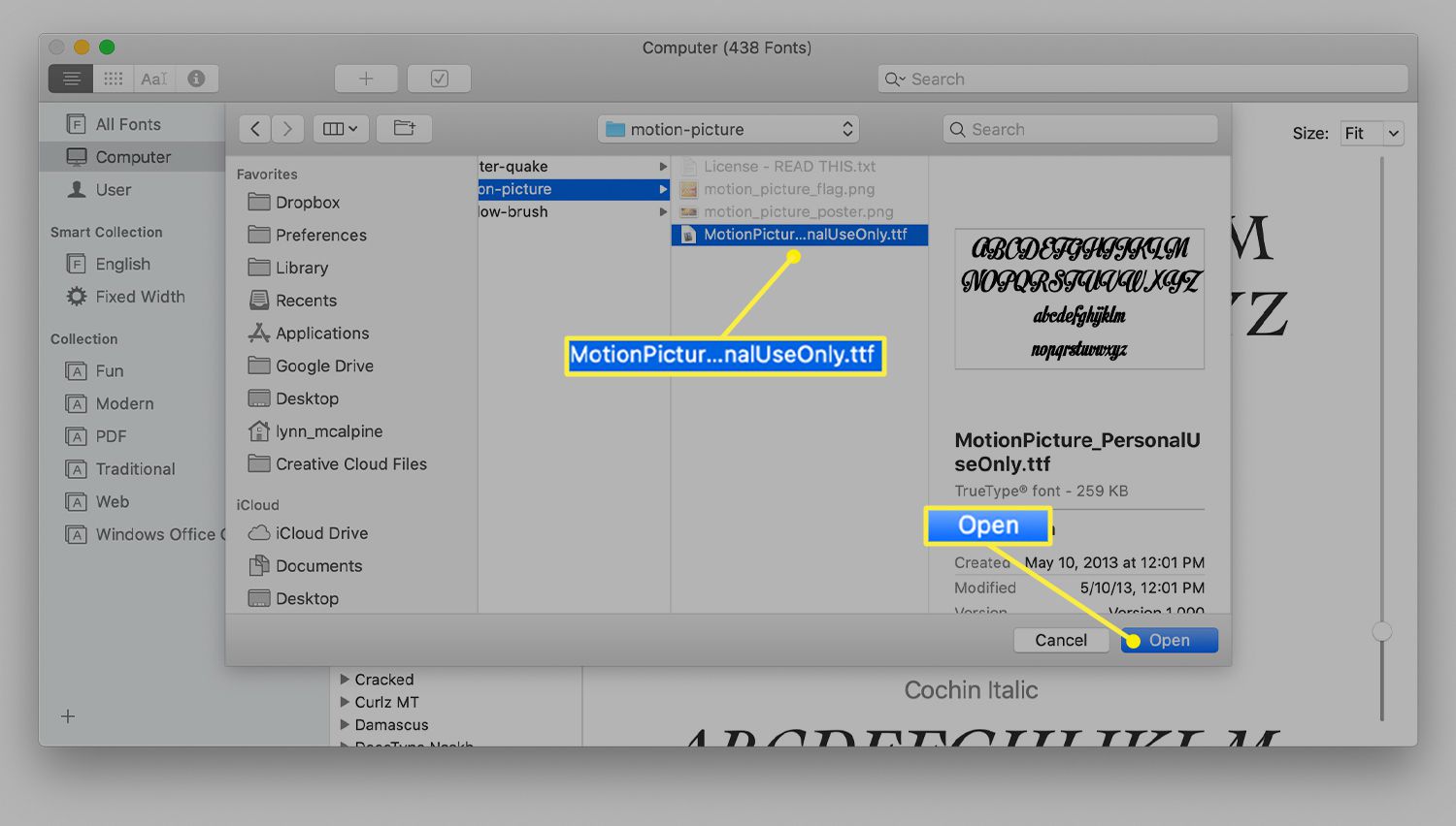 Een gedownload lettertype geselecteerd op een Mac