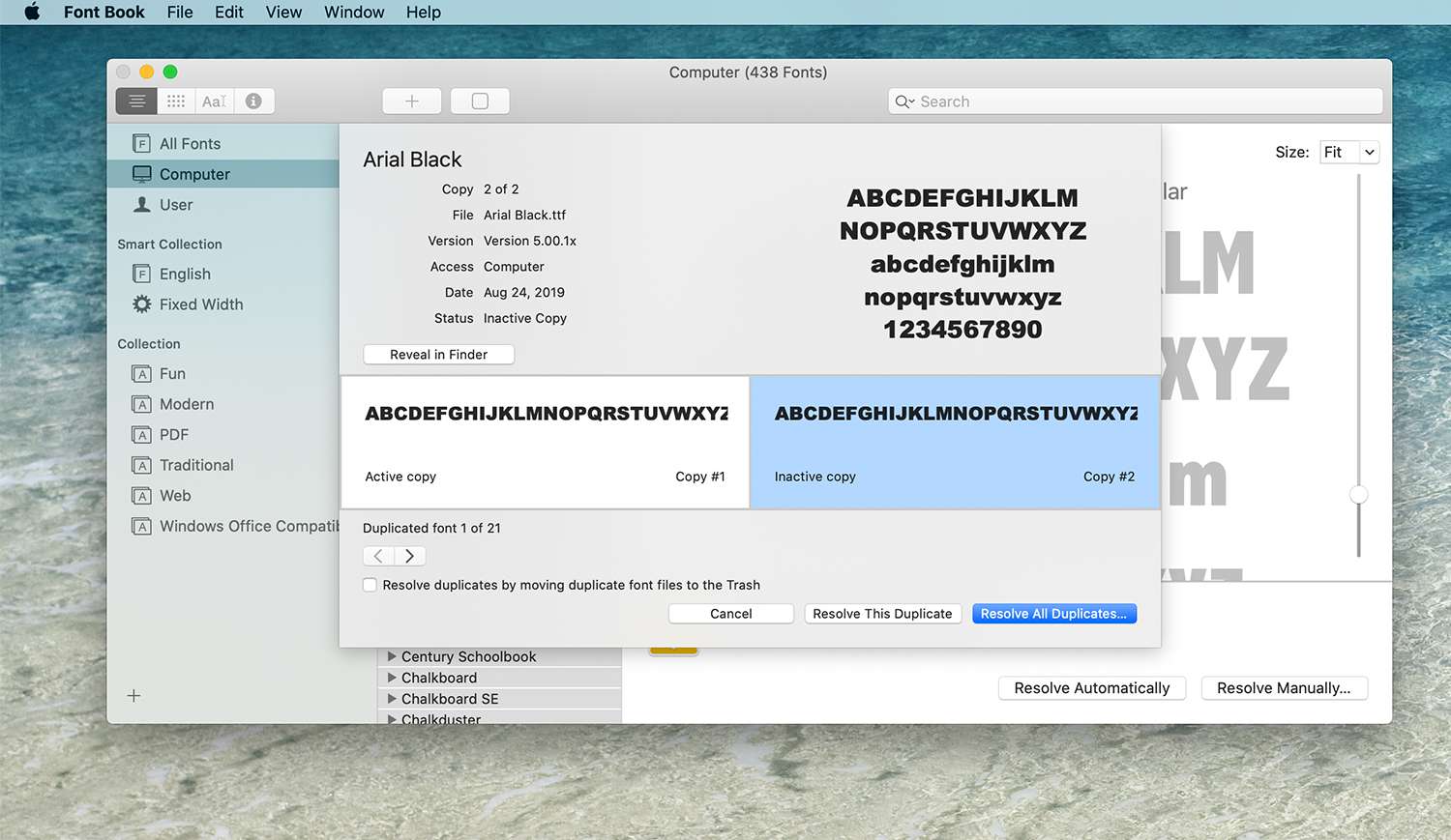 Dubbel lettertypescherm in Lettertypeboek op een Mac