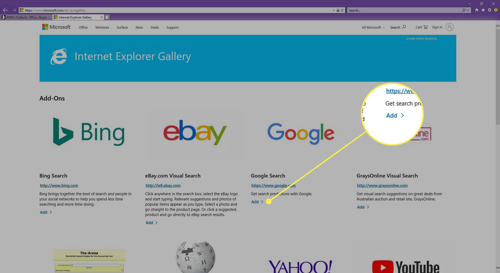 De Internet Explorer-galerij met de knop Toevoegen gemarkeerd