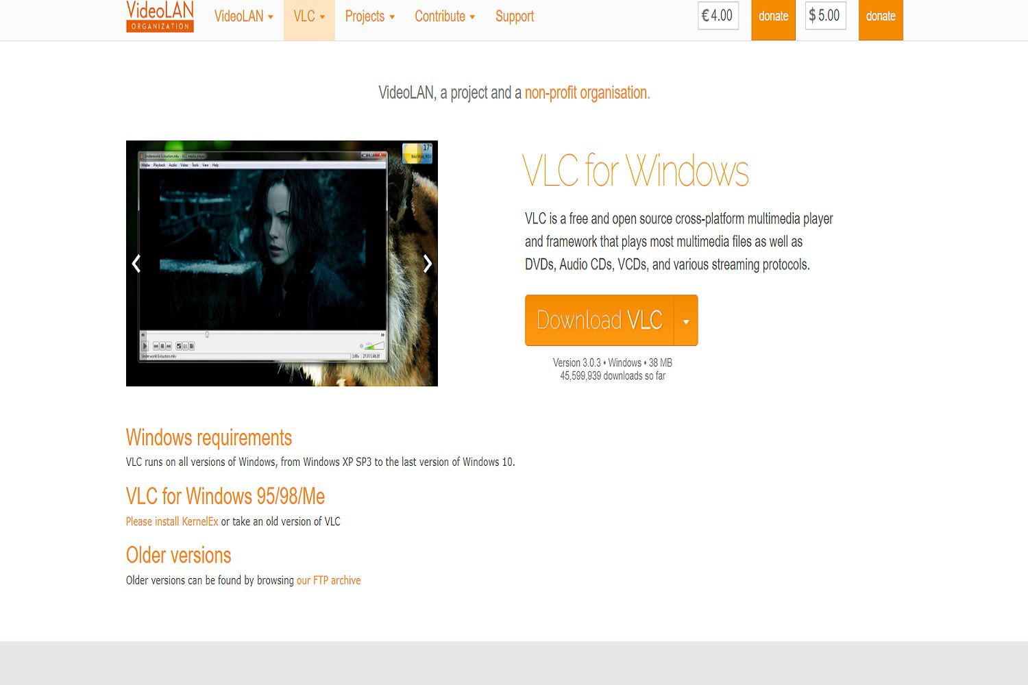 Een screenshot van de VLC voor Windows-webpagina.  Hier kunt u de VLC dvd-speler gratis downloaden.