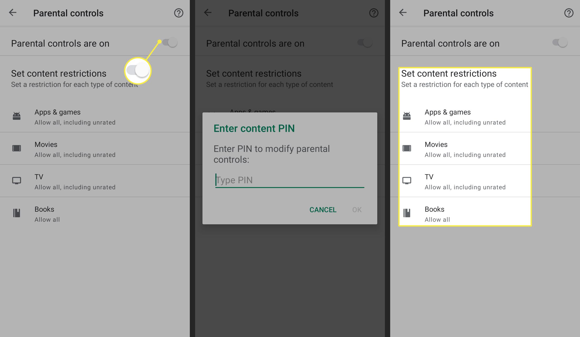 Schakel- en beperkingsopties voor ouderlijk toezicht in Google Play