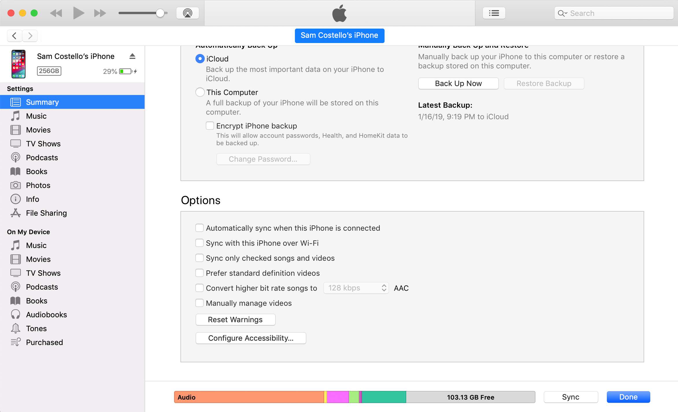 Schermafbeelding van iPhone-synchronisatieopties in iTunes