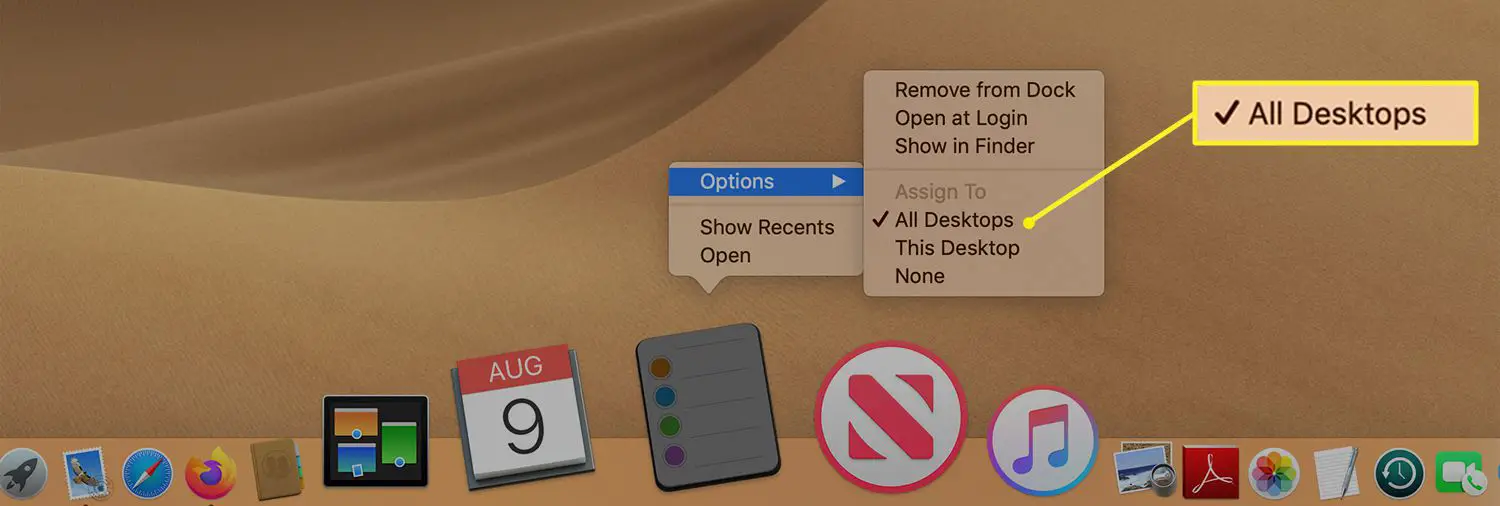 Het submenu Opties in het Mac Dock