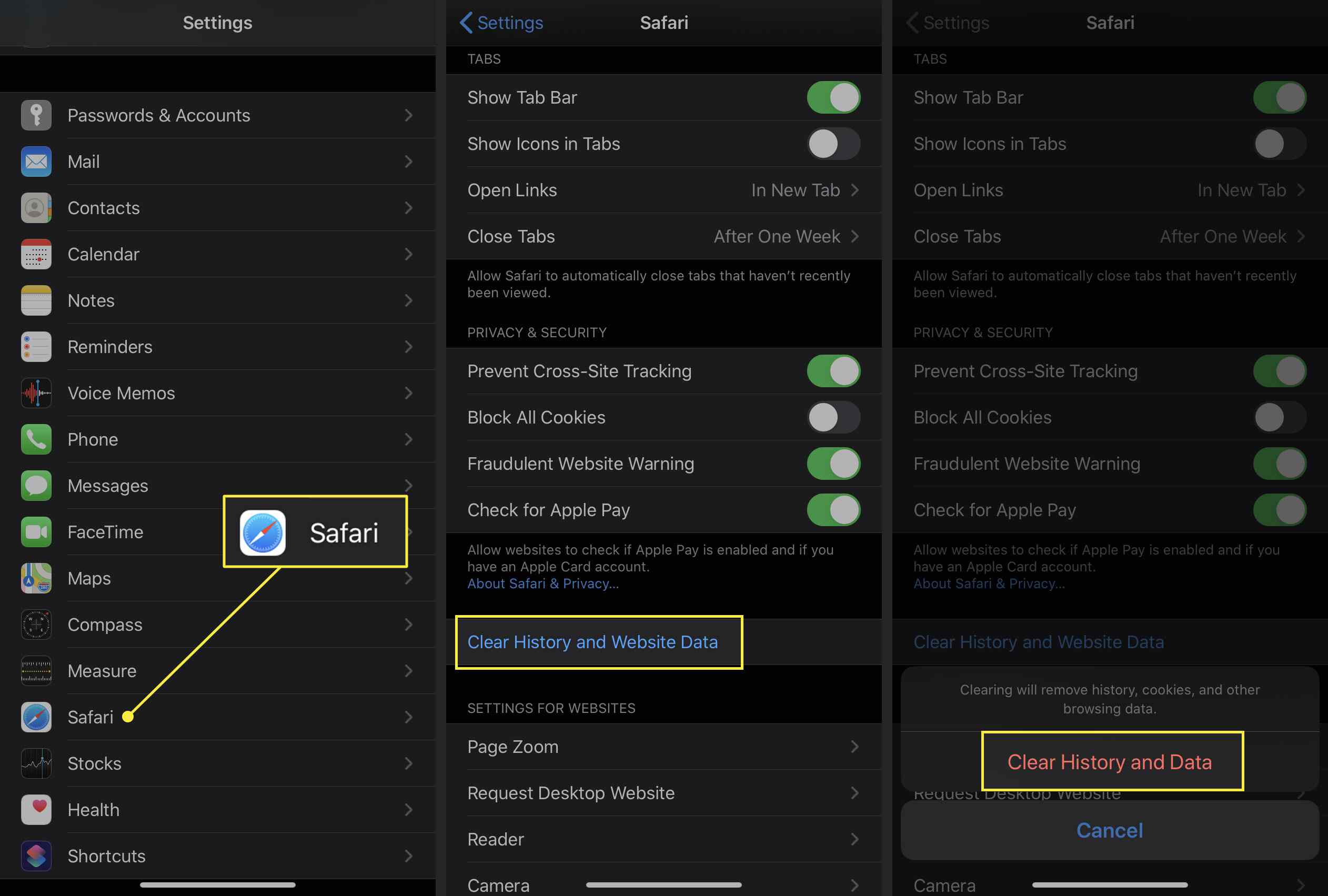 iPhone die laat zien hoe je Safari-browsegeschiedenis kunt verwijderen via de app Instellingen