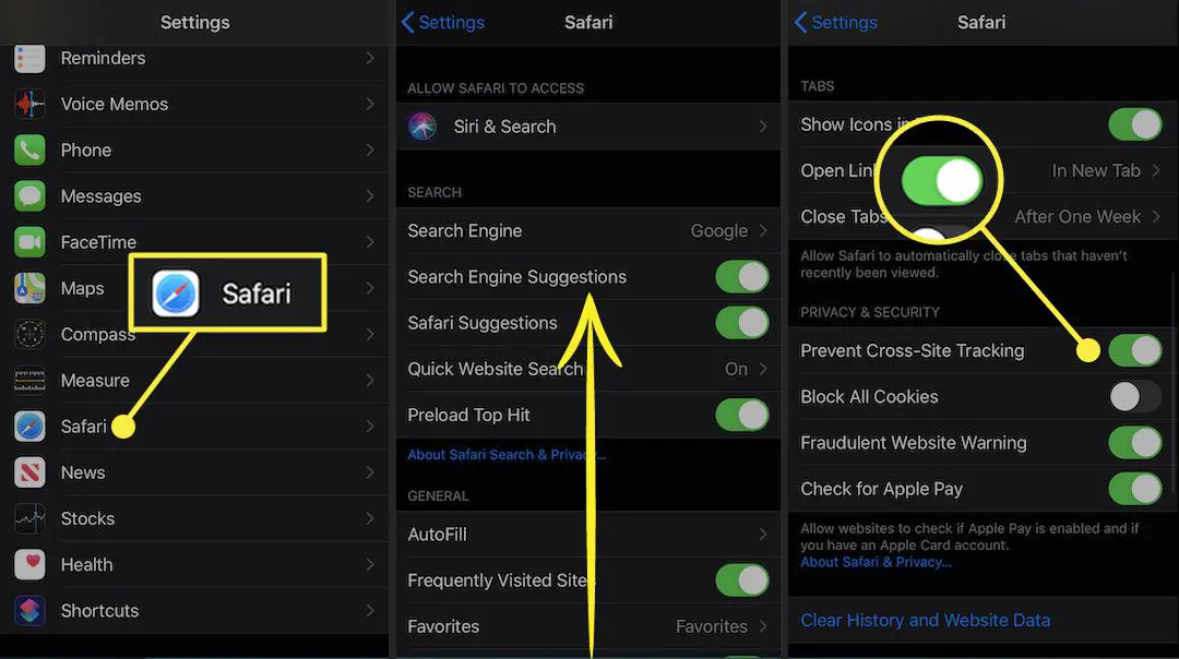iPhone-instellingen met Safari en de schakelaar Cross-site tracking voorkomen gemarkeerd